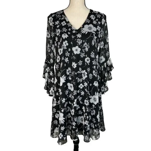 Calvin Klein | Dresses | Calvin Klein Sz 4 Aline Mini Dress Floral Lined  Vneck 34 Bell Sleeves Stretch